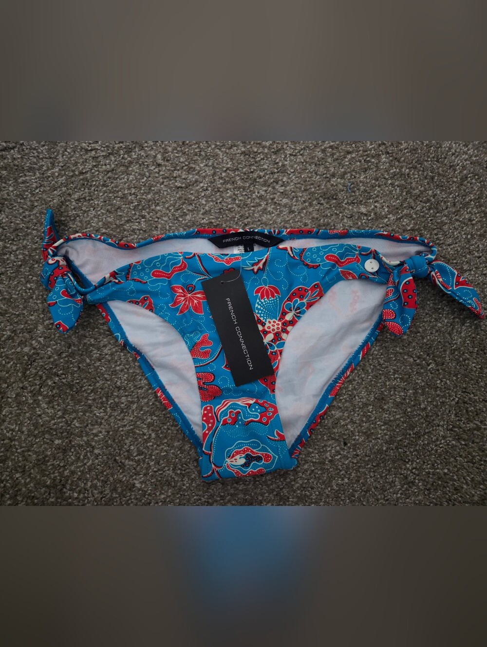 NWT French Connection Blue & Red Floral Peacock Side Tie Bikini Bottom Hipster L